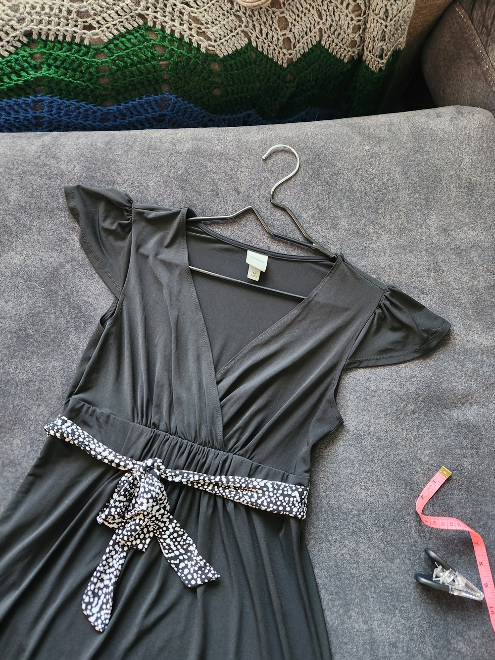 Merona Black Wrap Midi Dress with Printed Tie Belt - Picture 9 of 13